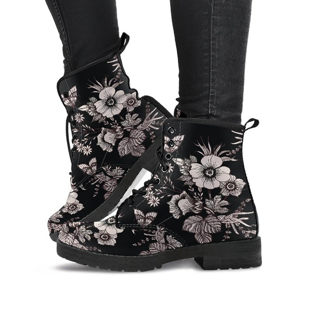Black & White Flowers Womens Boots Fashion Combat Boots, Vegan Leather Boots, Custom Shoes, Custom Boots, Cool Shoes