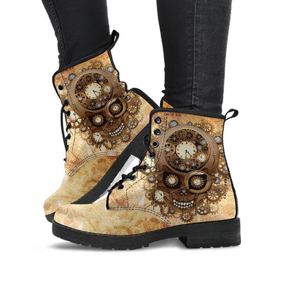 Skull clock and gear printed boots, angled product view