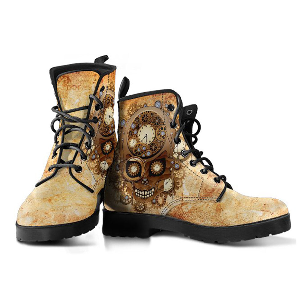 Skull clock and gear printed boots, alternate angle