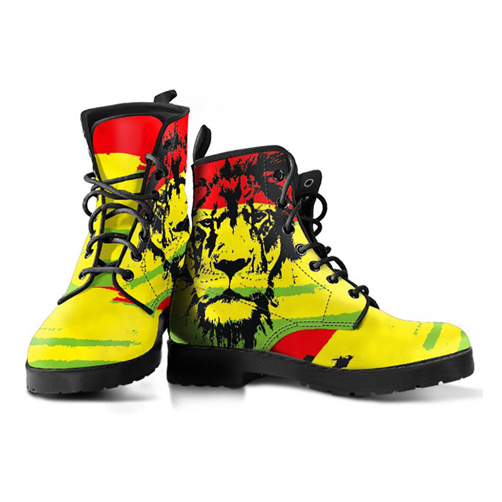 Colorful Rasta Lion Womens Boots, Fashion Combat Boots, Vegan Leather Boots, Custom Shoes, Custom Boots, Cool Shoes