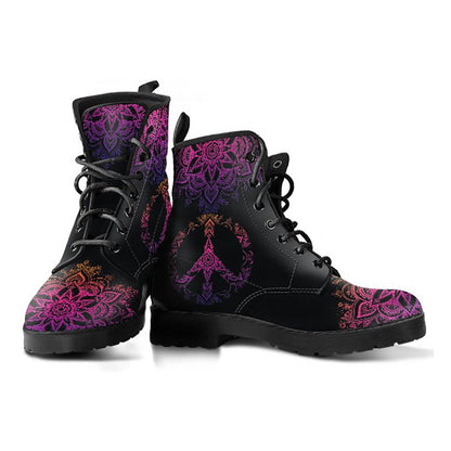 Dark Peace Sign Mandala Womens Boots, Womans Combat boots, Boho Hippie Boots