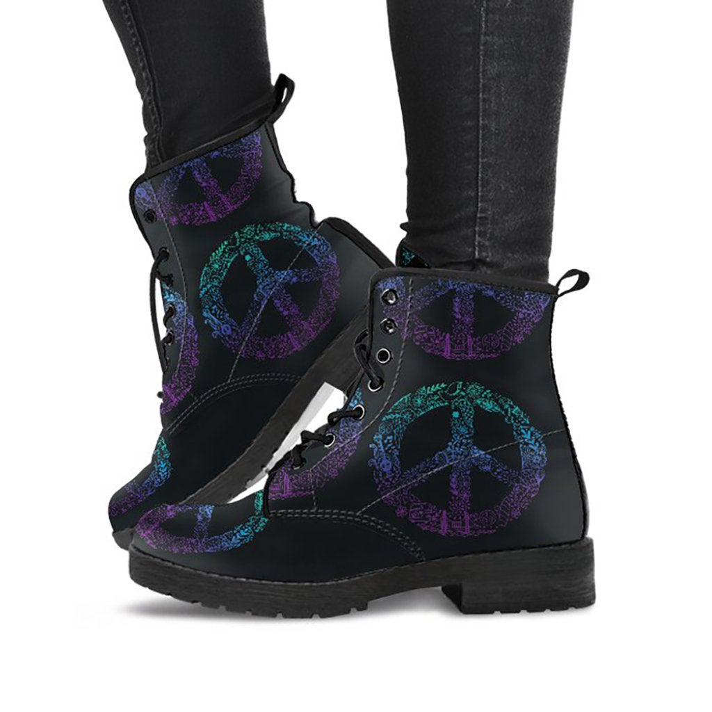 Black printed boots with blue and purple peace sign artwork