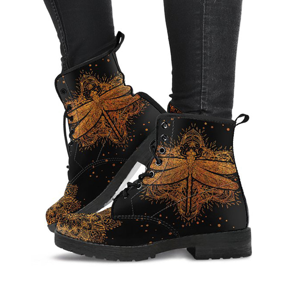 Rusty gold dragonfly mandala women’s printed boots – product image 1