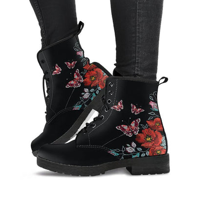 Butterflies & Flowers Womens Boots, Fashion Combat Boots, Vegan Leather Boots, Custom Shoes, Custom Boots, Cool Shoes