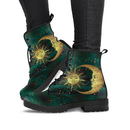 Brown Sun & Moon Womens Boots, Fashion Combat Boots, Vegan Leather Boots, Custom Shoes, Custom Boots, Cool Shoes
