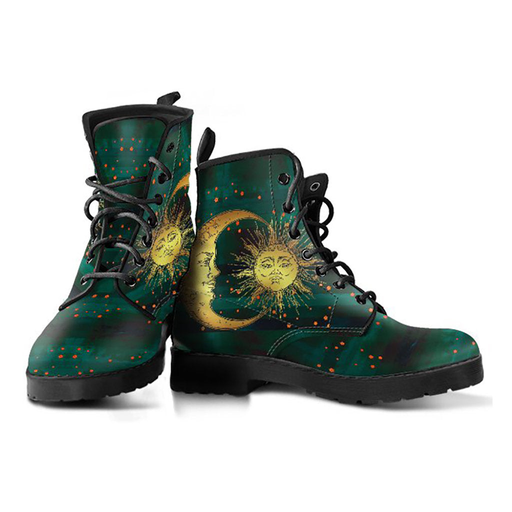 Brown Sun & Moon Womens Boots, Fashion Combat Boots, Vegan Leather Boots, Custom Shoes, Custom Boots, Cool Shoes