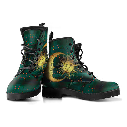 Brown Sun & Moon Womens Boots, Fashion Combat Boots, Vegan Leather Boots, Custom Shoes, Custom Boots, Cool Shoes