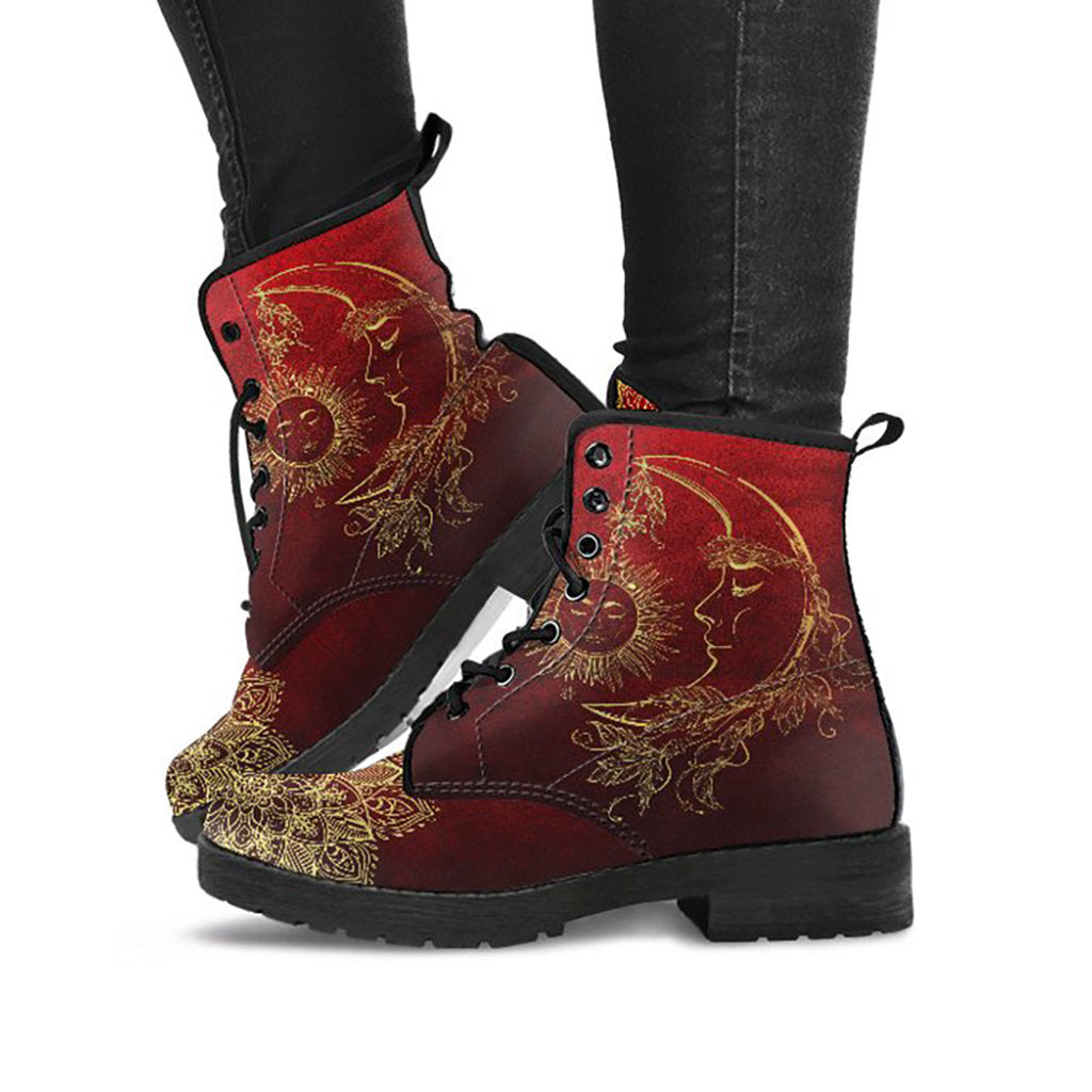 Red sun and moon mandala women’s printed boots – product image 1