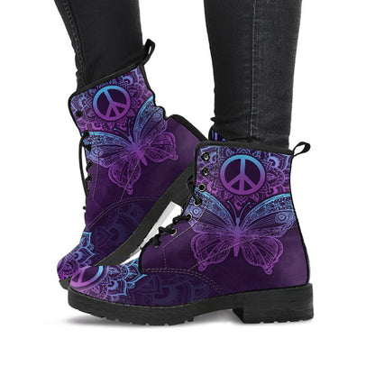 Purple butterfly peace sign mandala women’s printed boots – product image 1