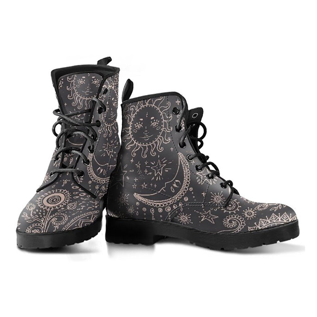Brown Sun & Moon Womens Boots, Fashion Combat Boots, Vegan Leather Boots, Custom Shoes, Custom Boots, Cool Shoes