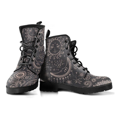 Brown Sun & Moon Womens Boots, Fashion Combat Boots, Vegan Leather Boots, Custom Shoes, Custom Boots, Cool Shoes