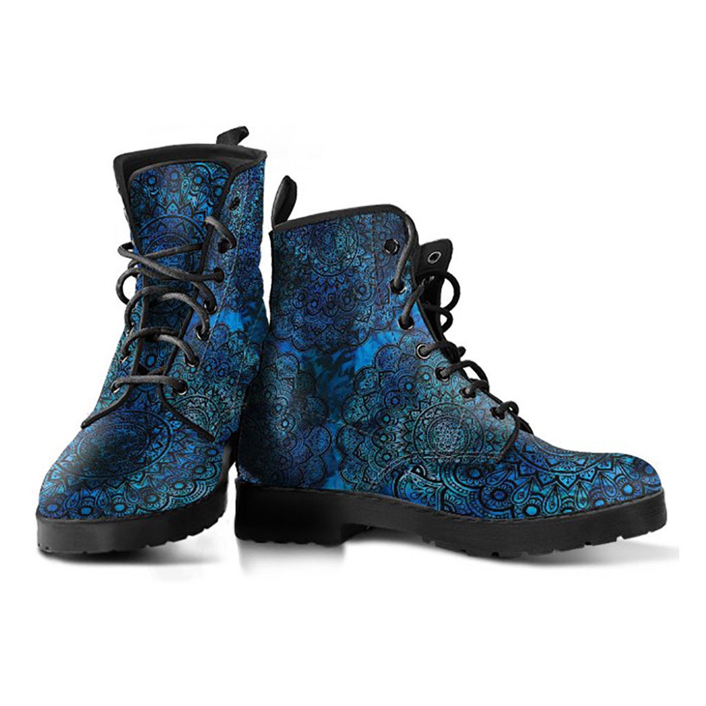 Blue Mandalas Womens Boots, Fashion Combat Boots, Vegan Leather Boots, Custom Shoes, Custom Boots, Cool Shoes