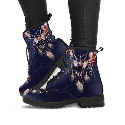 Dark Boho Dream Catcher Womens Boots, Printed Custom Shoes, Women's Boots, Vegan Leather Combat Boots, Classic Boot, Lace Up Boot , Casual Boots Women