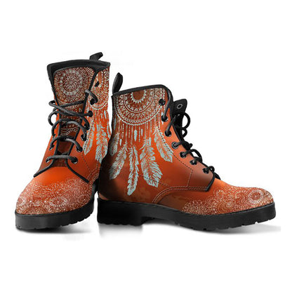 Brown Dream Catcher Mandala Womens Boots, Fashion Combat Boots, Vegan Leather Boots, Custom Shoes, Custom Boots, Cool Shoes