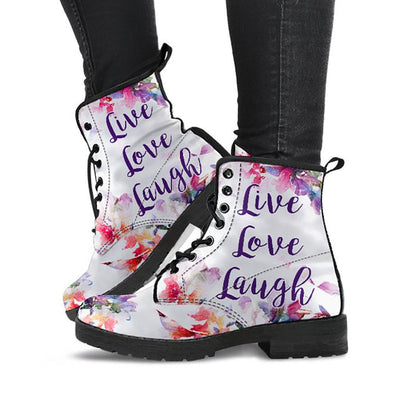White printed boots with Live Love Laugh text and colorful floral artwork