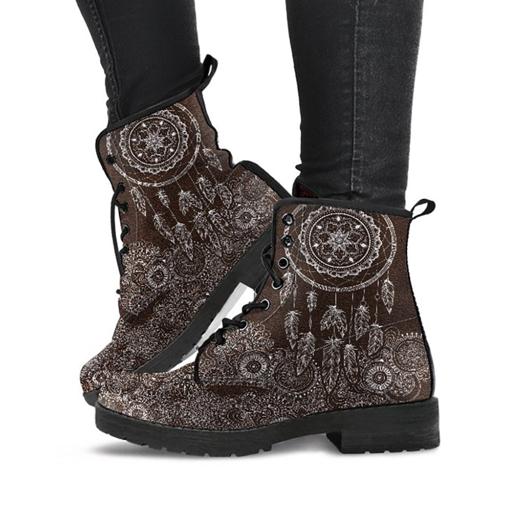 Brown Boho Dream Catcher Mandalas Womens Boots, Fashion Combat Boots, Vegan Leather Boots, Custom Shoes, Custom Boots, Cool Shoes