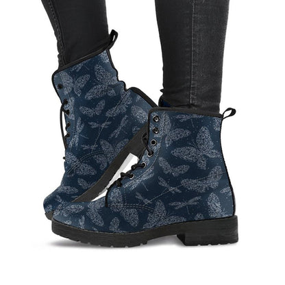 Dark Dragonflies & Butterflies Womens Boots, Printed Custom Shoes, Women's Boots, Vegan Leather Combat Boots, Classic Boot, Lace Up Boot , Casual Boots Women