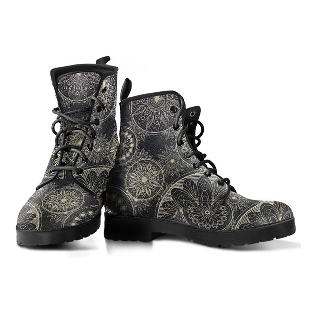 Brown Boho Mandalas Womens Boots, Fashion Combat Boots, Vegan Leather Boots, Custom Shoes, Custom Boots, Cool Shoes