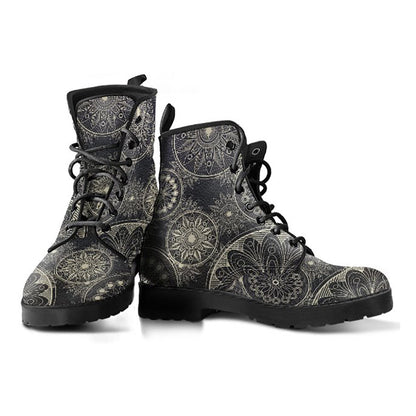Brown Boho Mandalas Womens Boots, Fashion Combat Boots, Vegan Leather Boots, Custom Shoes, Custom Boots, Cool Shoes