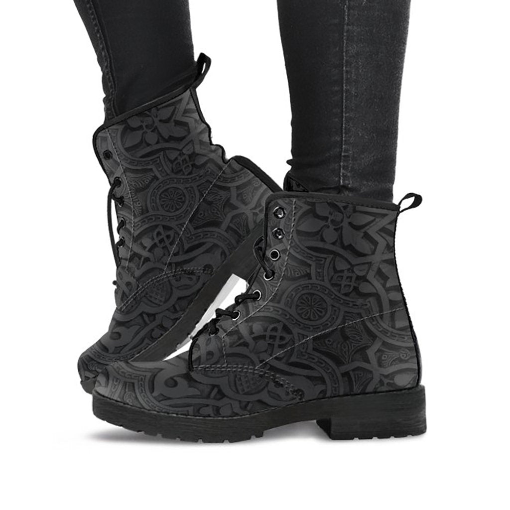 Dark Brown Decor Womens Boots, Printed Custom Shoes, Women's Boots, Vegan Leather Combat Boots, Classic Boot, Lace Up Boot , Casual Boots Women