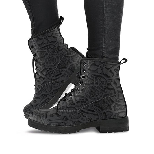 Dark Brown Decor Womens Boots, Printed Custom Shoes, Women's Boots, Vegan Leather Combat Boots, Classic Boot, Lace Up Boot , Casual Boots Women