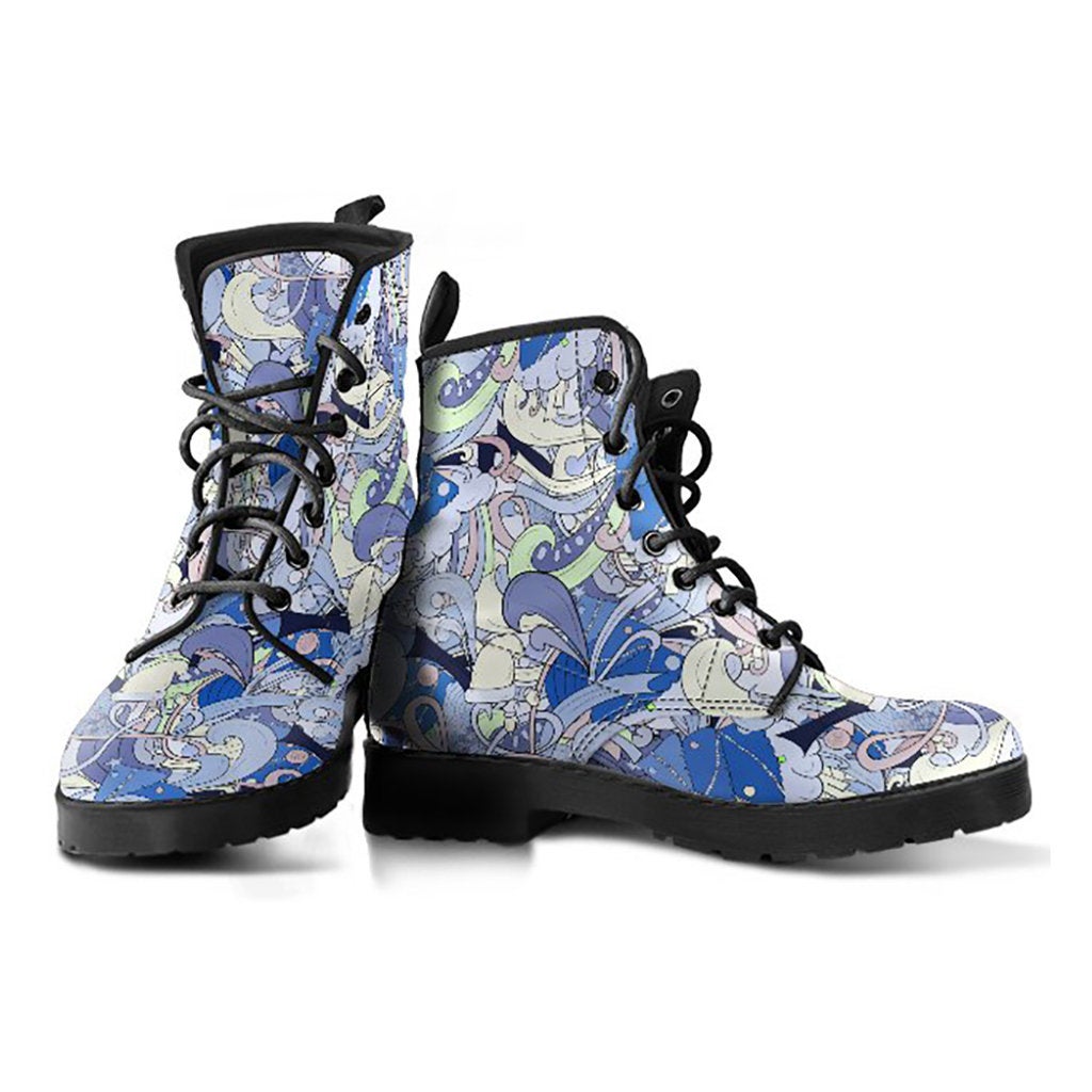 Blue Funky Abstract Womens Boots, Fashion Combat Boots, Vegan Leather Boots, Custom Shoes, Custom Boots, Cool Shoes