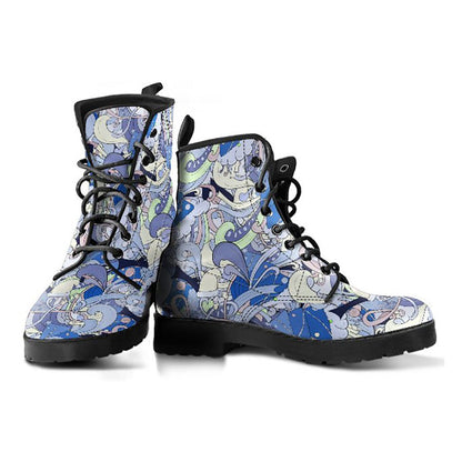 Blue Funky Abstract Womens Boots, Fashion Combat Boots, Vegan Leather Boots, Custom Shoes, Custom Boots, Cool Shoes