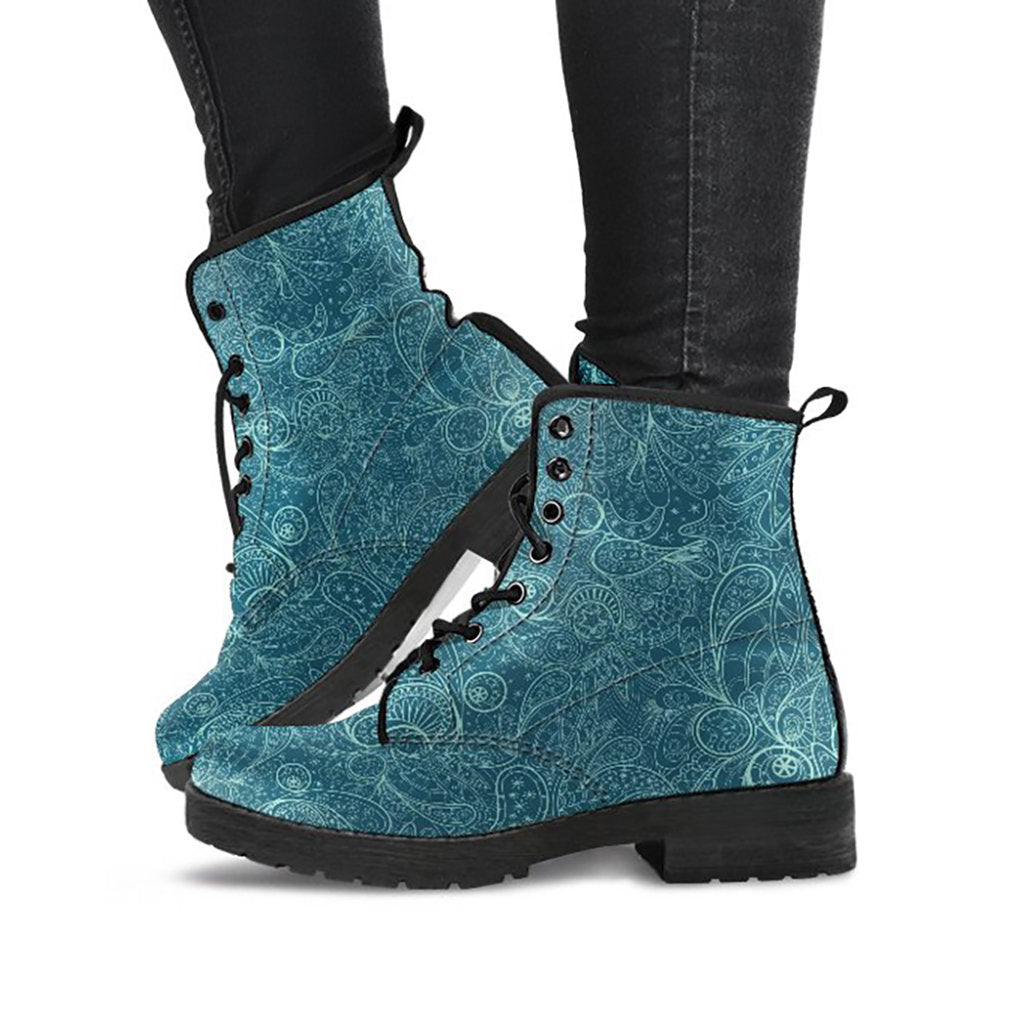 Blue Grey Decor Womens Boots, Fashion Combat Boots, Vegan Leather Boots, Custom Shoes, Custom Boots, Cool Shoes
