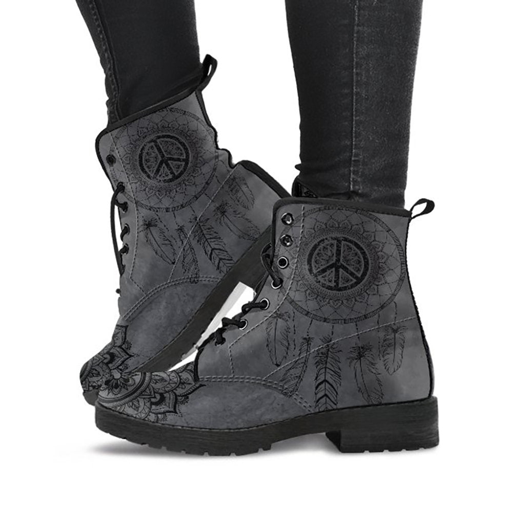 Dark gray peace sign and dreamcatcher printed boots