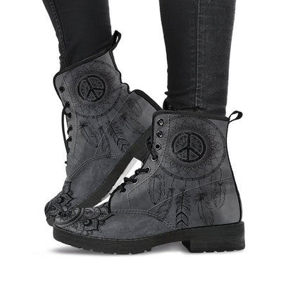 Dark gray peace sign and dreamcatcher printed boots
