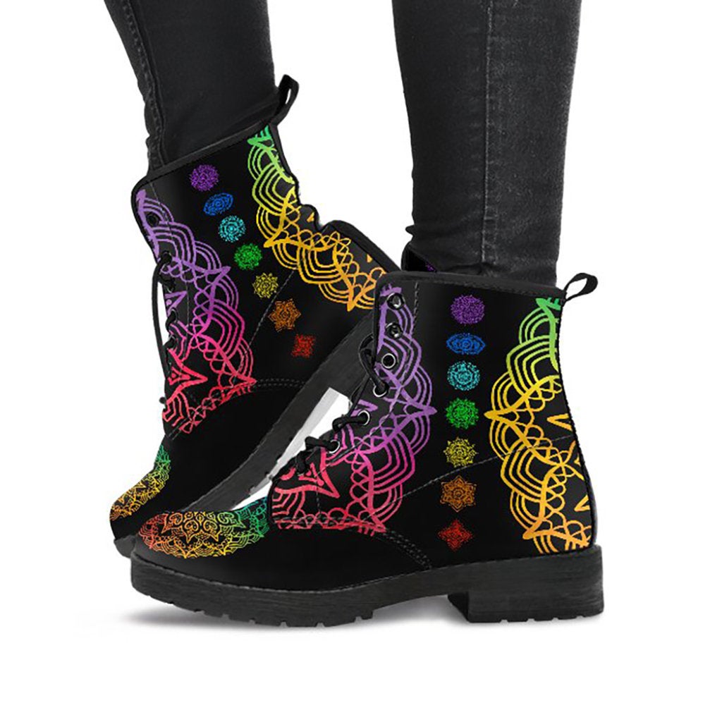 Colorful Mandalas Chakras Lotus Womens Boots, Fashion Combat Boots, Vegan Leather Boots, Custom Shoes, Custom Boots, Cool Shoes