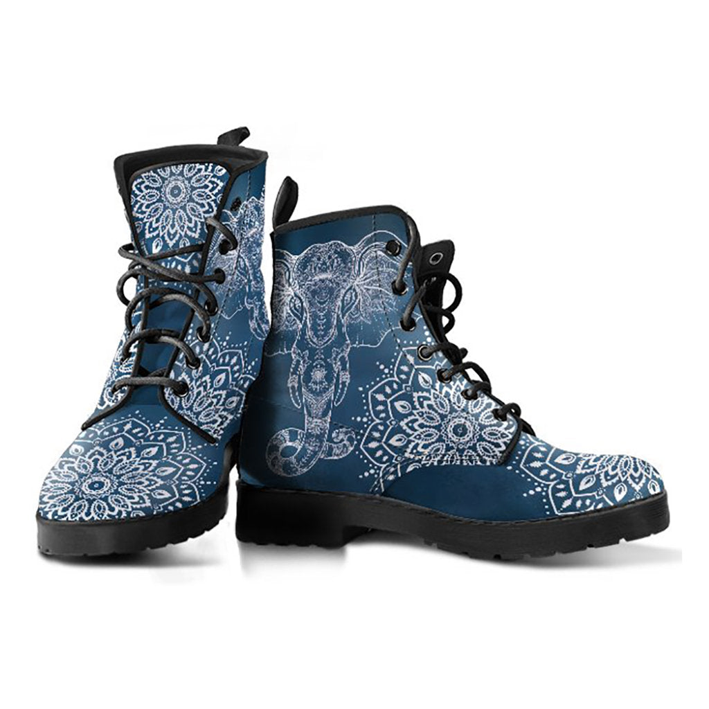 Blue Grey Elephant Mandala Womens Boots, Fashion Combat Boots, Vegan Leather Boots, Custom Shoes, Custom Boots, Cool Shoes