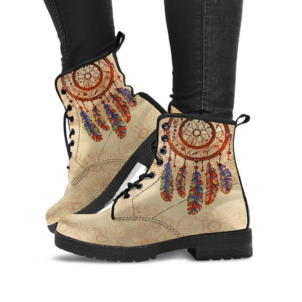 Beige Boho Dream Catcher Womens Boots Fashion Combat Boots, Vegan Leather Boots, Custom Shoes, Custom Boots, Cool Shoes