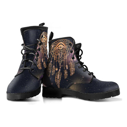 Boho Dream Catcher Eye Womens Boots, Fashion Combat Boots, Vegan Leather Boots, Custom Shoes, Custom Boots, Cool Shoes