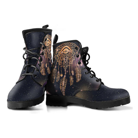 Boho Dream Catcher Eye Womens Boots, Fashion Combat Boots, Vegan Leather Boots, Custom Shoes, Custom Boots, Cool Shoes