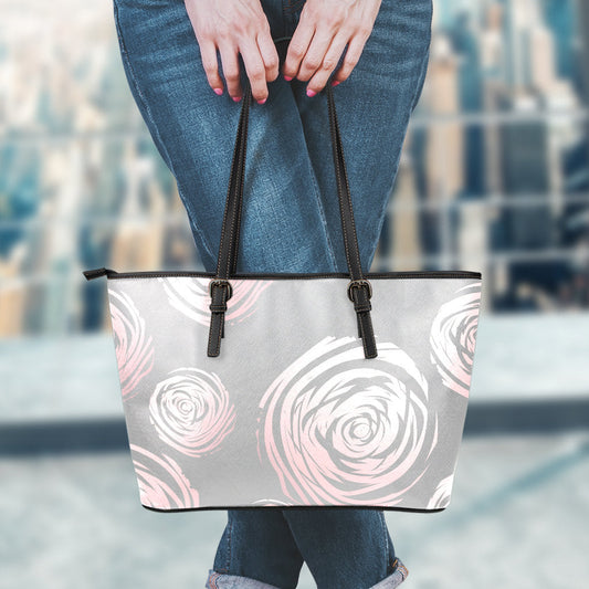 Grey Abstract Spirals Leather Tote Bag
