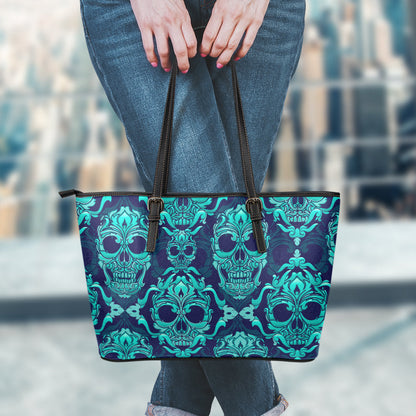 Green Skulls Pattern Leather Tote Bag