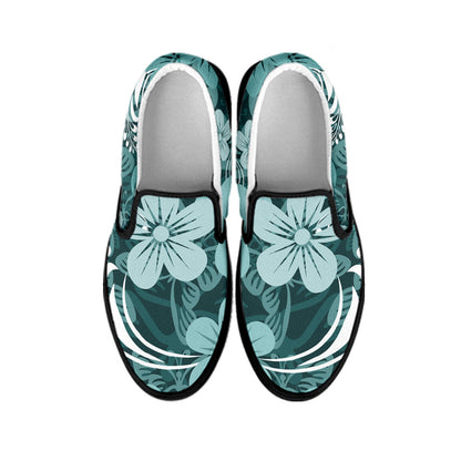Teal Green Aloha Flowers Slip On Shoes