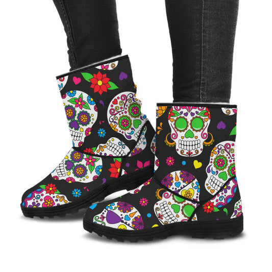 Colorful Sugar Skulls Faux Fur Boots