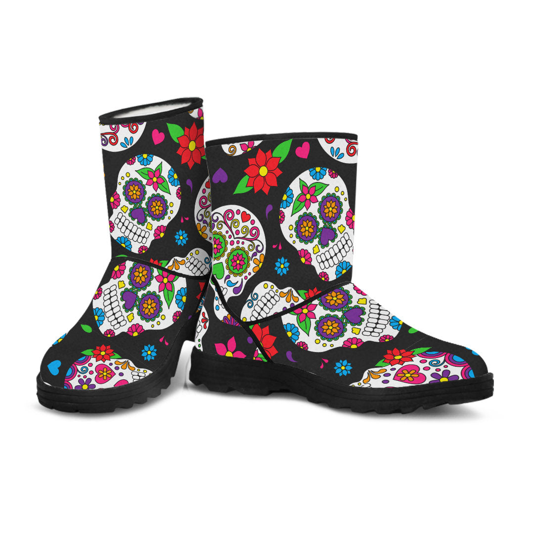 Colorful Sugar Skulls Faux Fur Boots