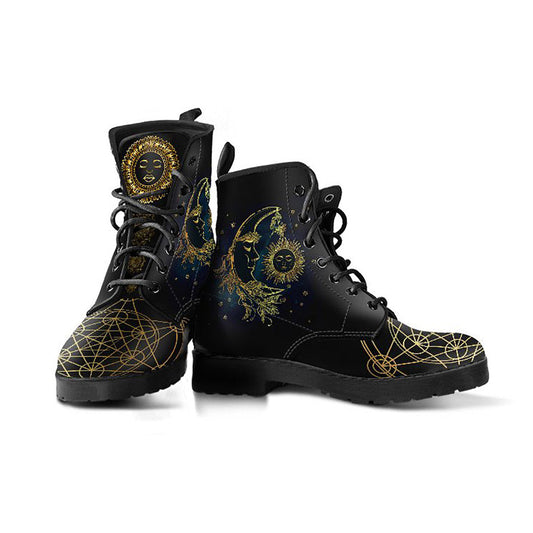 Black Gold Sun & Moon Womens Boots Fashion Combat Boots, Vegan Leather Boots, Custom Shoes, Custom Boots, Cool Shoes