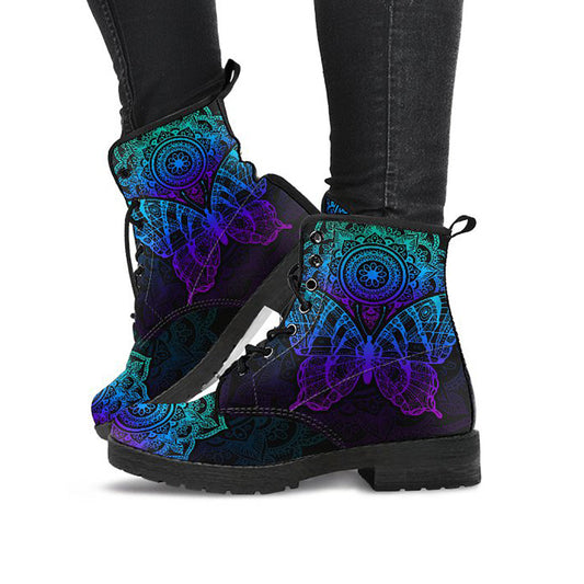 Blue Mandala Butterfly Womens Boots, Fashion Combat Boots, Vegan Leather Boots, Custom Shoes, Custom Boots, Cool Shoes