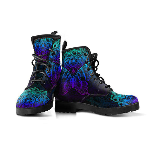 Blue Mandala Butterfly Womens Boots, Fashion Combat Boots, Vegan Leather Boots, Custom Shoes, Custom Boots, Cool Shoes