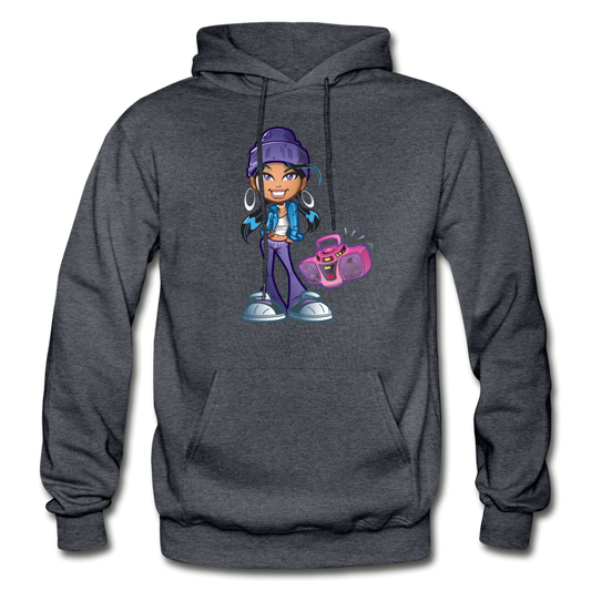 Boombox Girl Cartoon Hoodie - charcoal gray