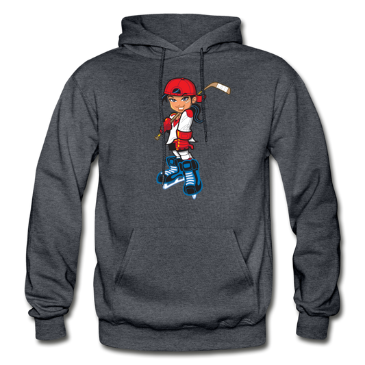 Hockey Girl Cartoon Hoodie - charcoal gray