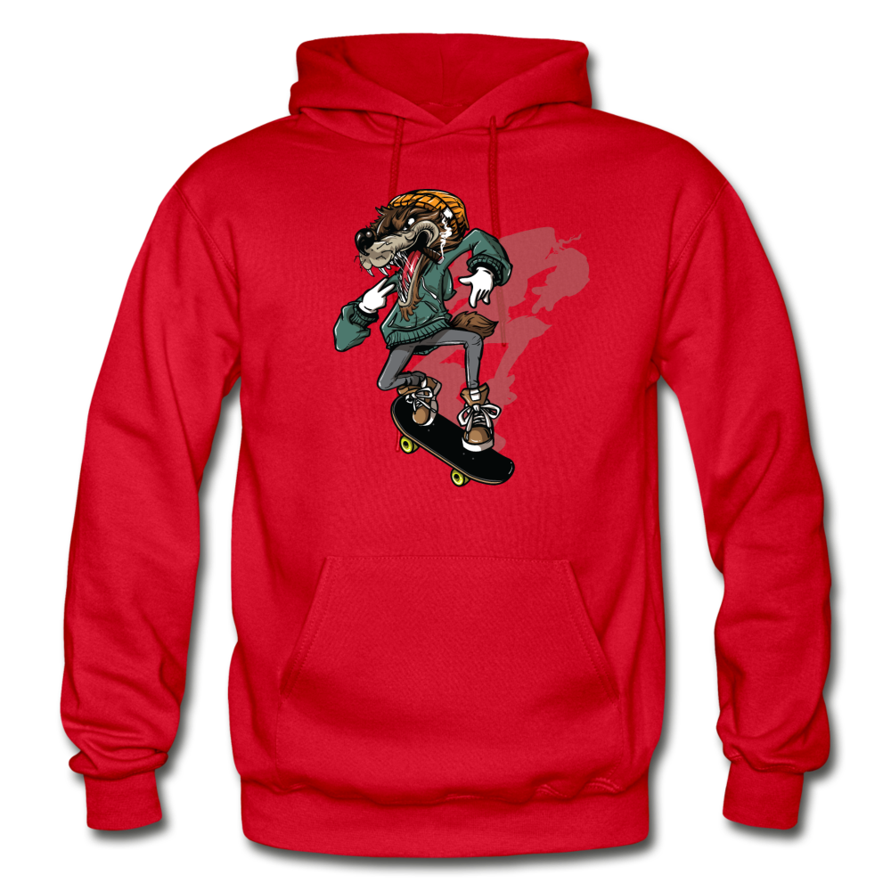 Skater Wolf Cartoon Hoodie - red