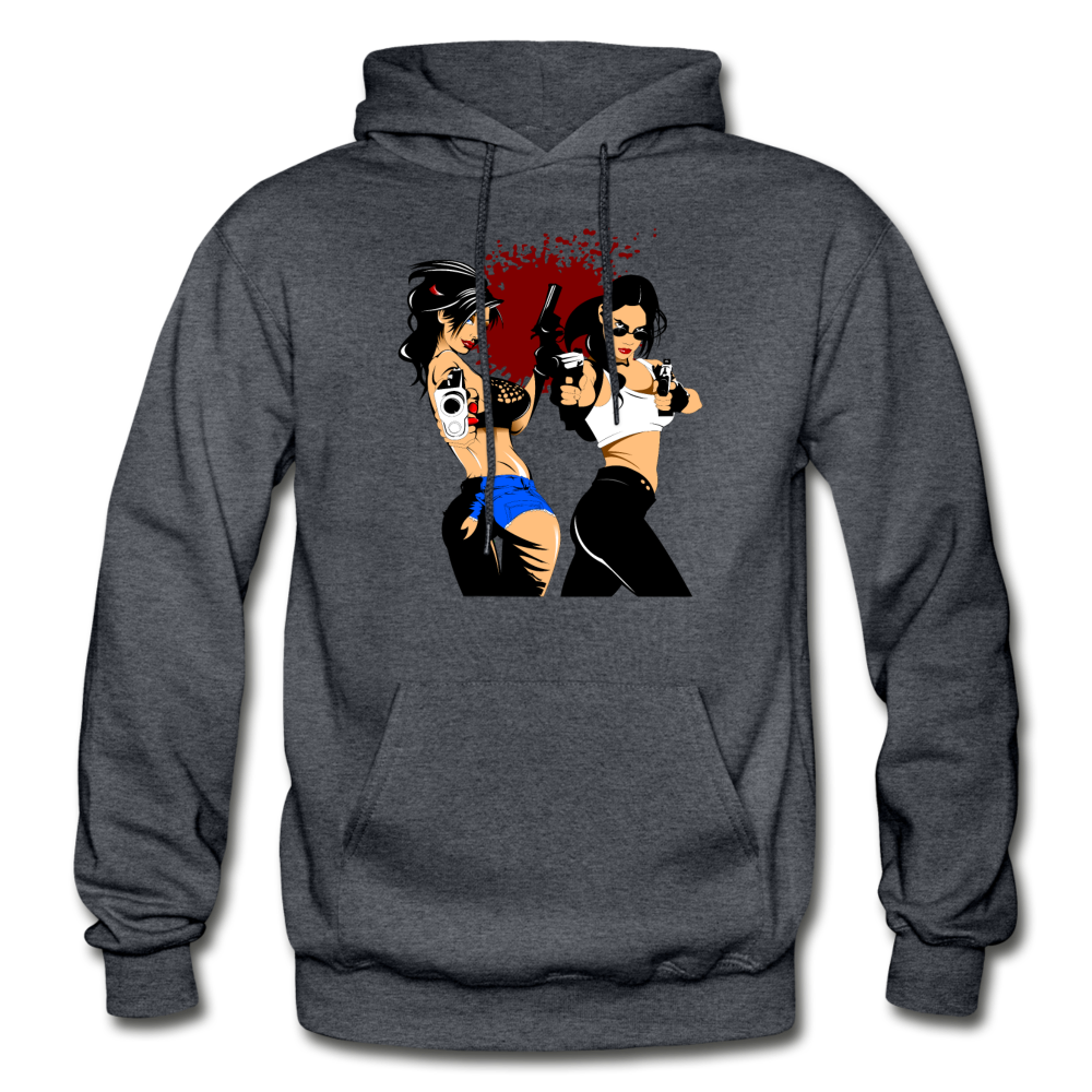 Cartoon Girls with Guns Hoodie - charcoal gray