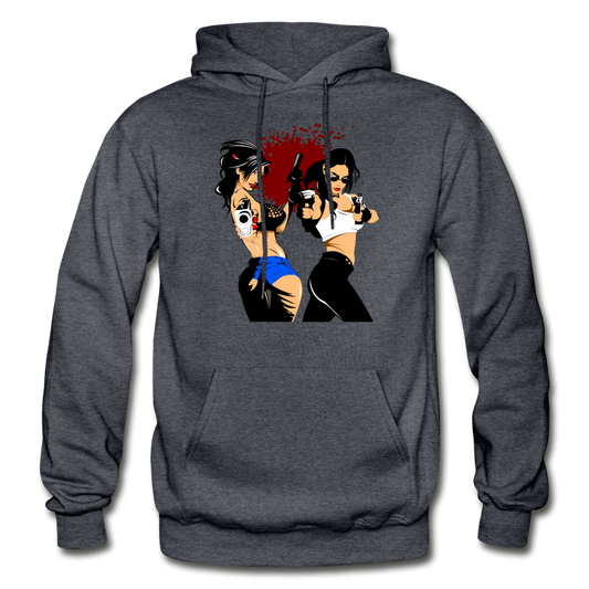 Cartoon Girls with Guns Hoodie - charcoal gray