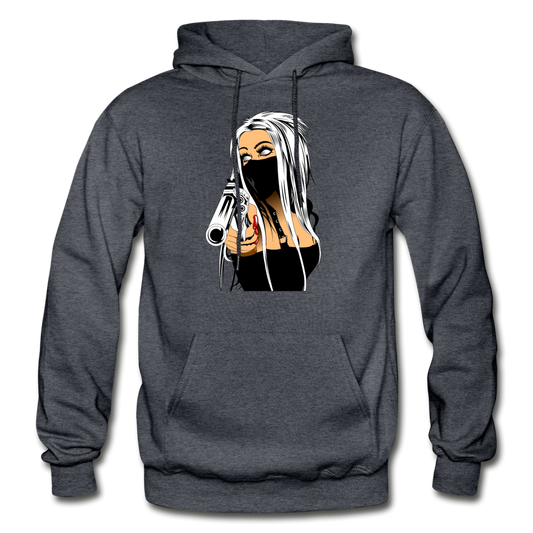 Masked Girl with Gun Hoodie - charcoal gray