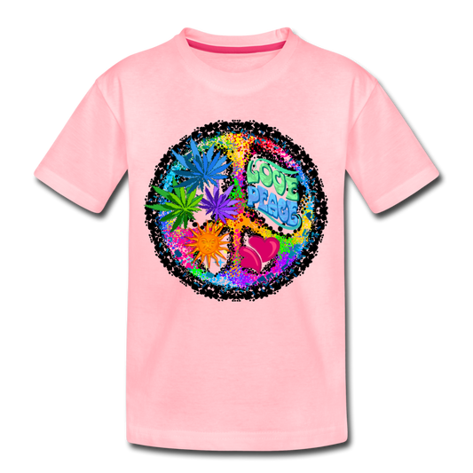 Colorful Floral Love Peace Sign Kids T-Shirt - pink